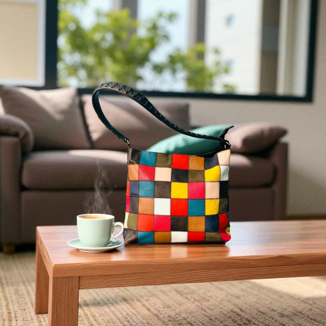 Handmade Cowhide Leather Tote Bag Patchwork Purse for Women
