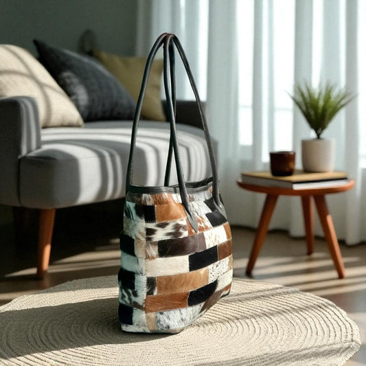 Handmade Cowhide Leather Tote Bag – Hair-On Patchwork Purse, Women’s Handbag