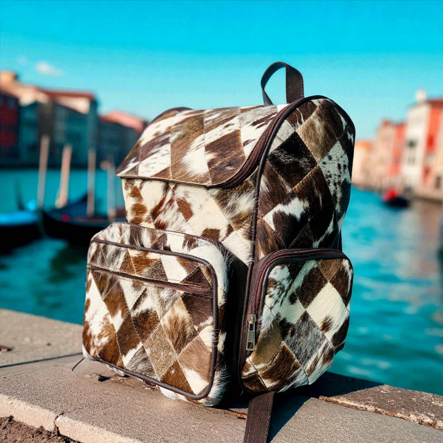 Handmade Cowhide Leather Backpack Hair-on Unique Laptop Bag for Travel & School