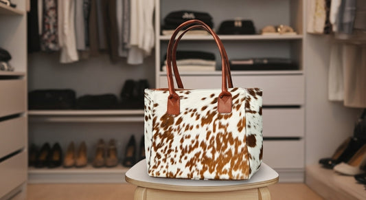 Cowhide Hair-On Leather Tote Bag Western Style Brown White women handbag