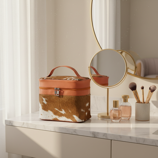 Luxury Cowhide Travel Vanity Case – Stylish Makeup & Brush Organizer for Women