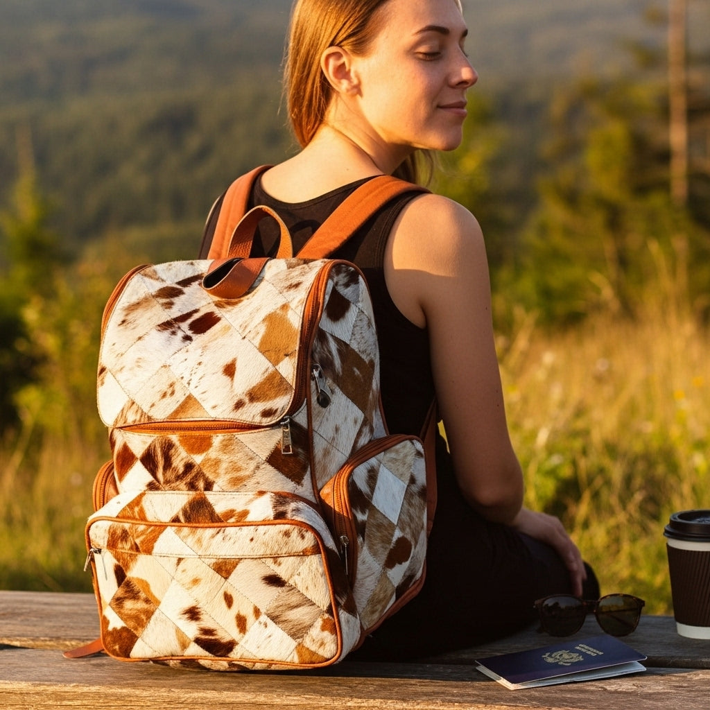 Handmade Cowhide Patchwork Backpack | Western Diaper Backpack Unique Bag