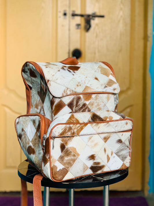 Handmade Cowhide Patchwork Backpack | Western Diaper Backpack Unique Bag