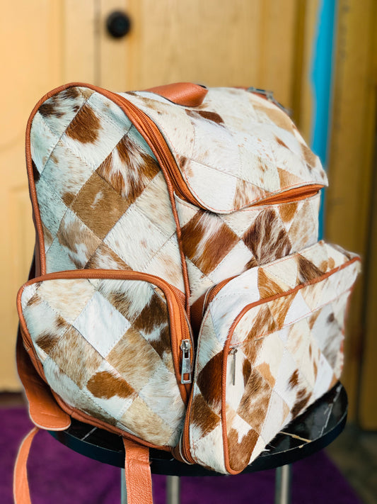Handmade Cowhide Patchwork Backpack | Western Diaper Backpack Unique Bag