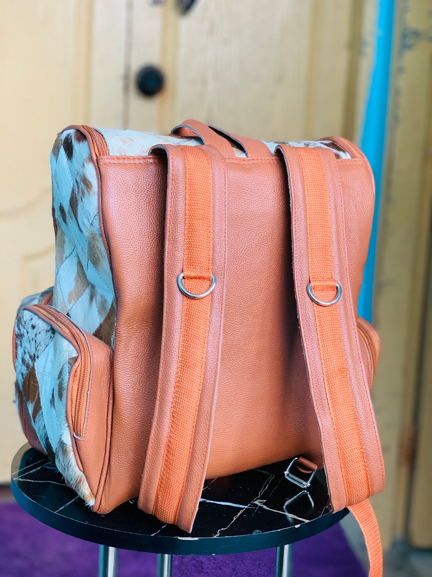 Handmade Cowhide Patchwork Backpack | Western Diaper Backpack Unique Bag