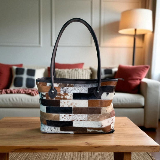 Handmade Cowhide Leather Tote Bag – Hair-On Patchwork Purse, Women’s Handbag