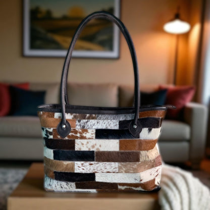 Handmade Cowhide Leather Tote Bag – Hair-On Patchwork Purse, Women’s Handbag