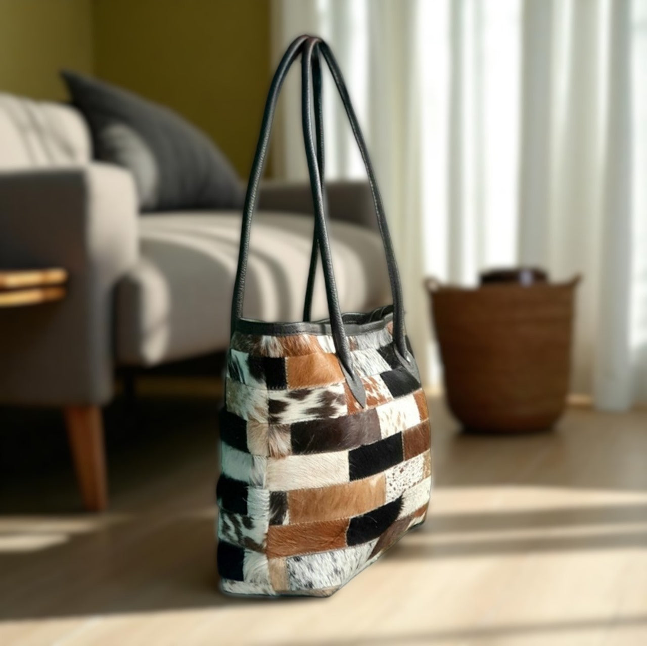 Handmade Cowhide Leather Tote Bag – Hair-On Patchwork Purse, Women’s Handbag