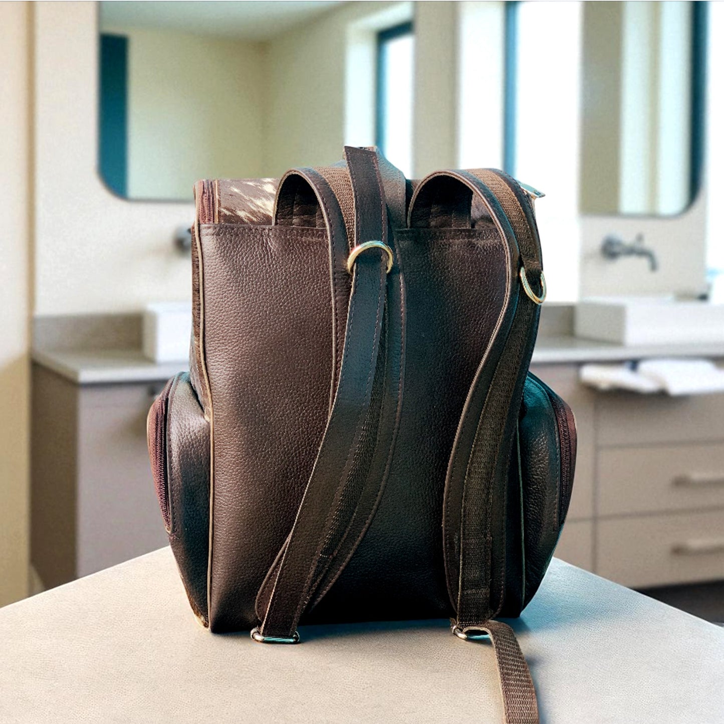 Handmade Cowhide Leather Backpack Hair-on Unique Laptop Bag for Travel & School