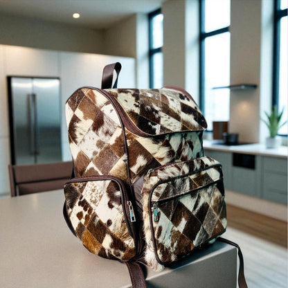 Handmade Cowhide Leather Backpack Hair-on Unique Laptop Bag for Travel & School