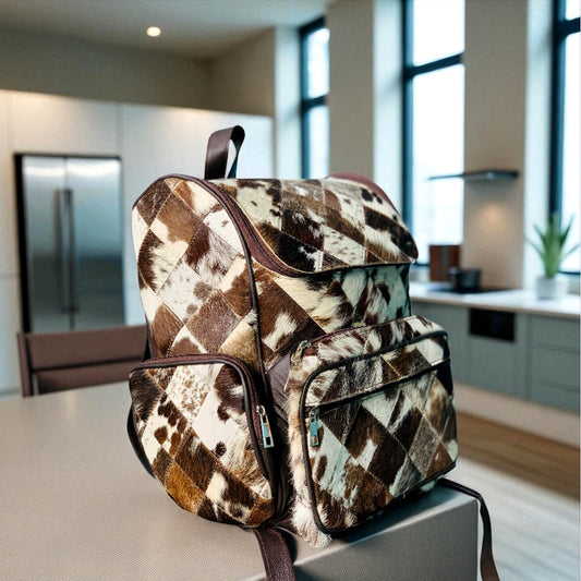 Handmade Cowhide Leather Backpack Hair-on Unique Laptop Bag for Travel & School