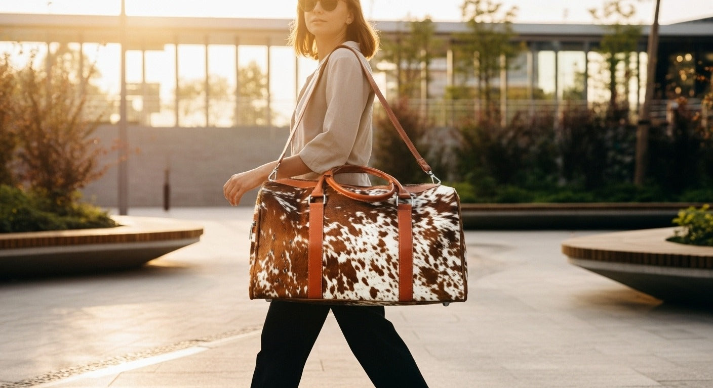 100% Natural COWHIDE Duffel Bag Hair On Leather TRAVEL Bag