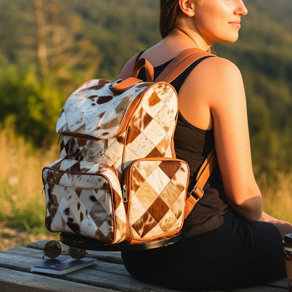 Handmade Cowhide Patchwork Backpack | Western Diaper Backpack Unique Bag