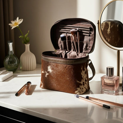 Luxury Cowhide Travel Vanity Case – Stylish Makeup & Brush Organizer for Women