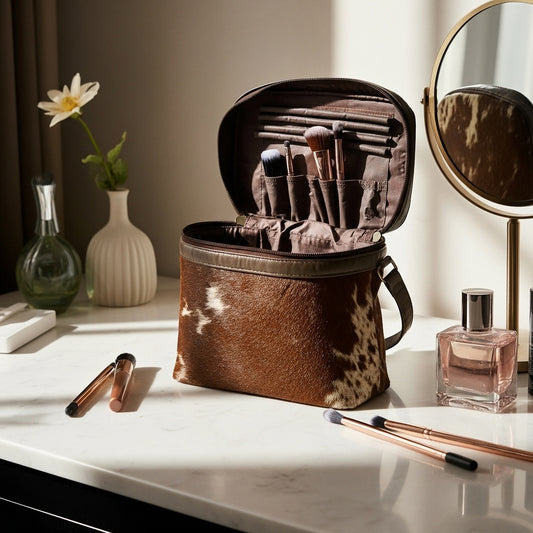 Luxury Cowhide Travel Vanity Case – Stylish Makeup & Brush Organizer for Women