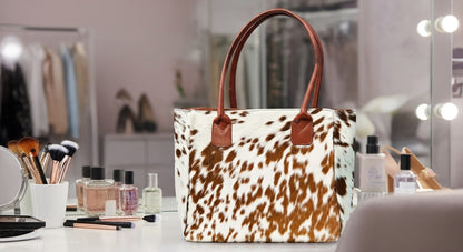 Cowhide Hair-On Leather Tote Bag Western Style Brown White women handbag