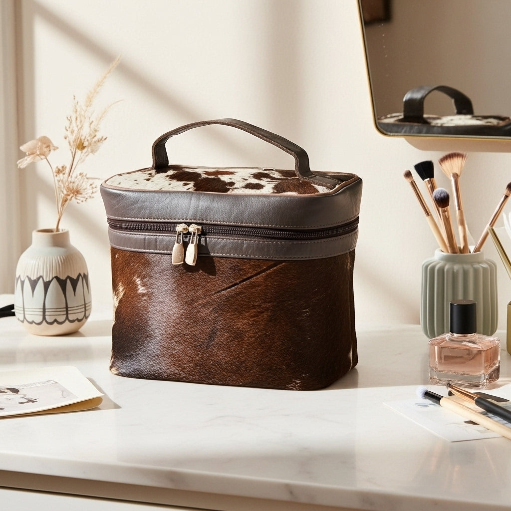 Luxury Cowhide Travel Vanity Case – Stylish Makeup & Brush Organizer for Women
