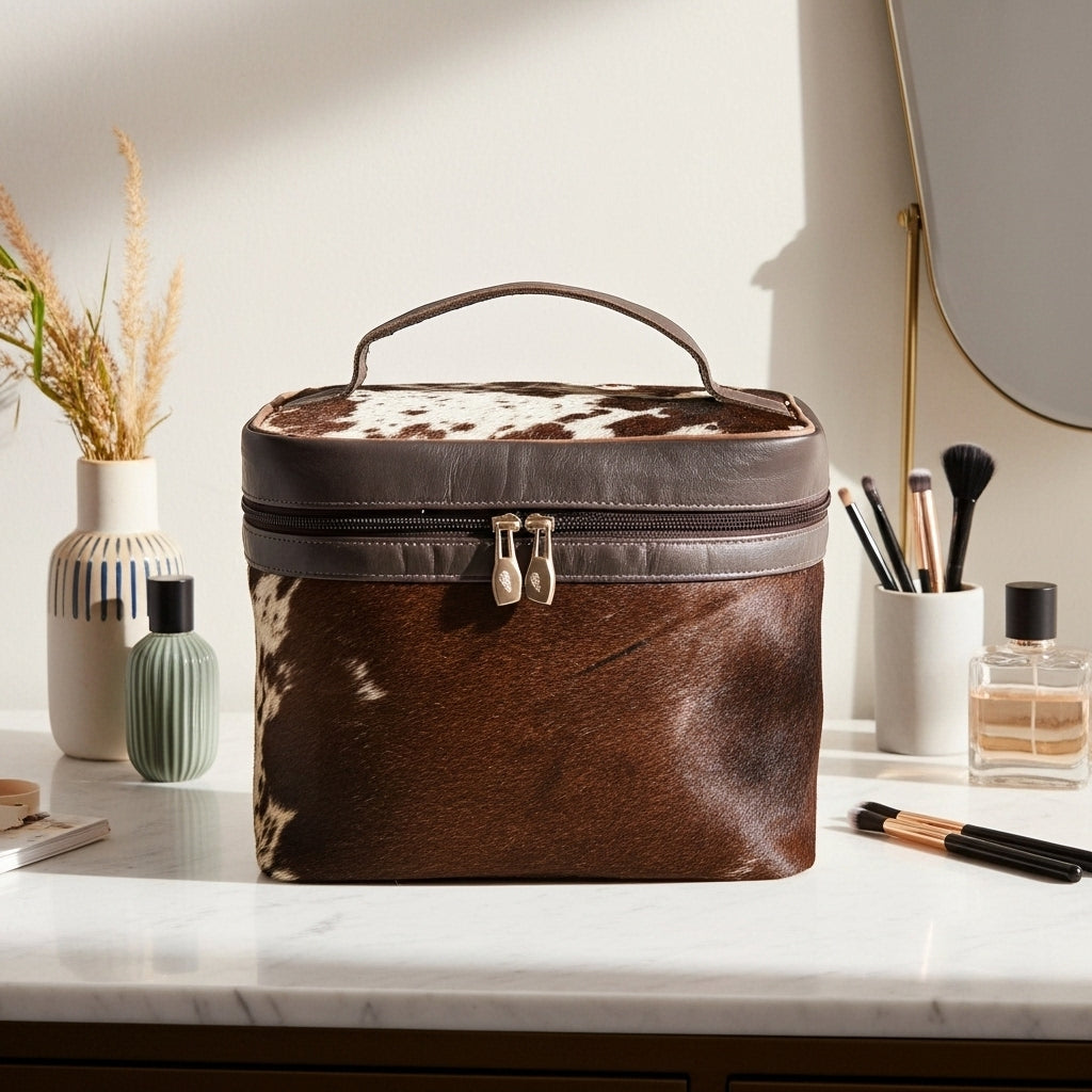 Luxury Cowhide Travel Vanity Case – Stylish Makeup & Brush Organizer for Women