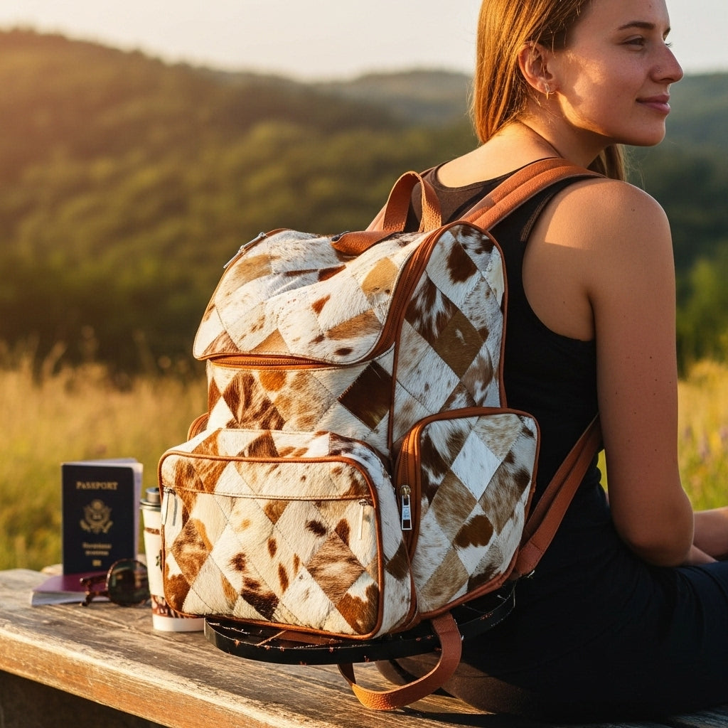 Handmade Cowhide Patchwork Backpack | Western Diaper Backpack Unique Bag