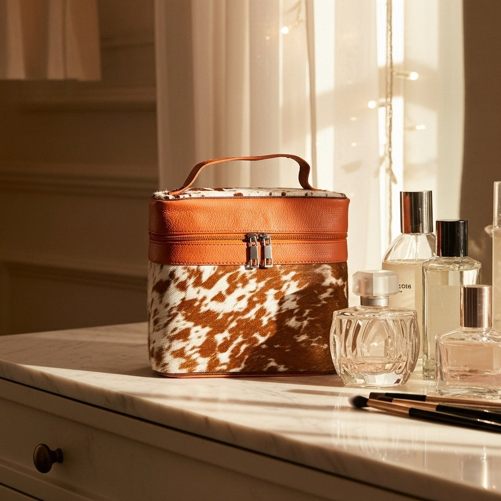 Luxury Cowhide Travel Vanity Case – Stylish Makeup & Brush Organizer for Women