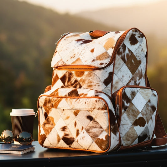 Handmade Cowhide Patchwork Backpack | Western Diaper Backpack Unique Bag