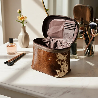 Luxury Cowhide Travel Vanity Case – Stylish Makeup & Brush Organizer for Women