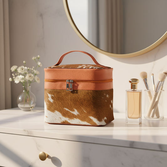 Luxury Cowhide Travel Vanity Case – Stylish Makeup & Brush Organizer for Women