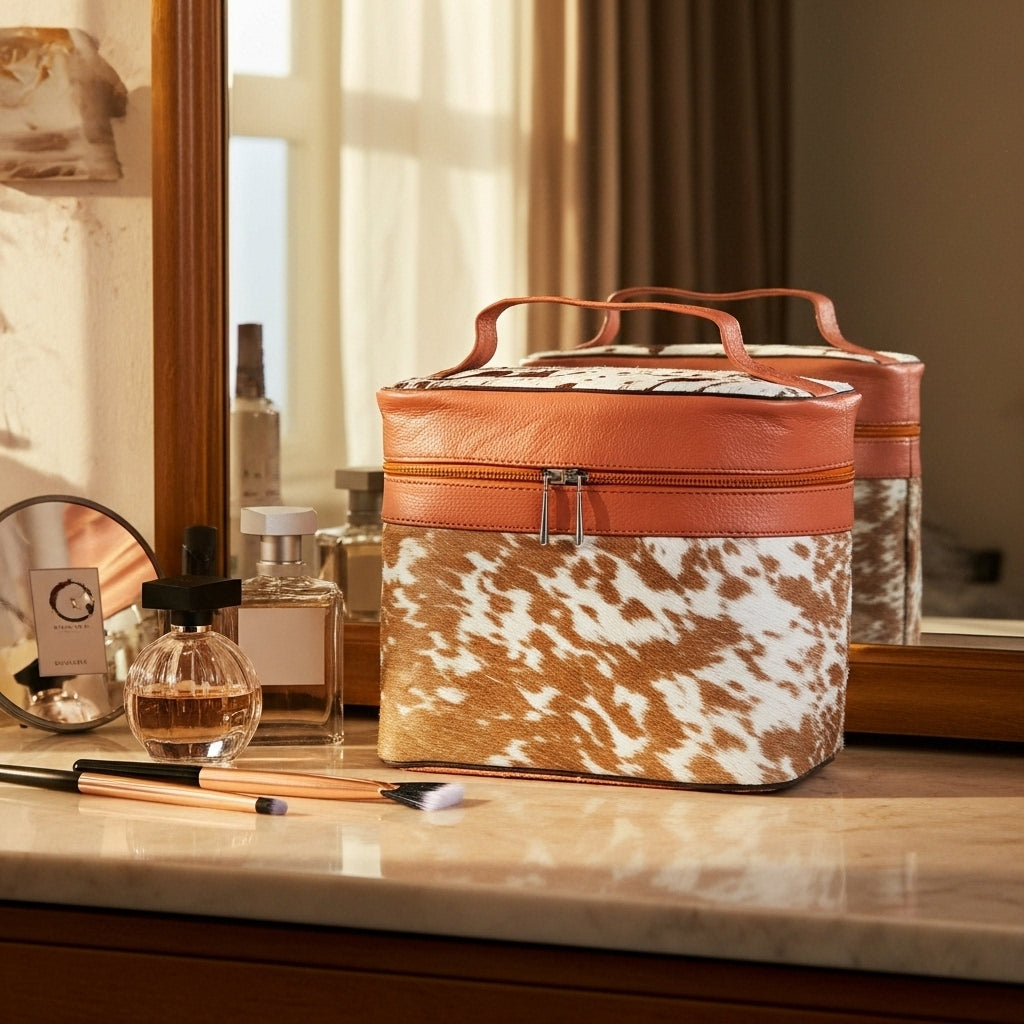 Luxury Cowhide Travel Vanity Case – Stylish Makeup & Brush Organizer for Women