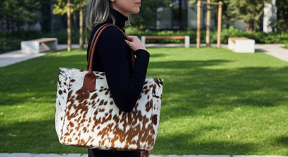 Cowhide Hair-On Leather Tote Bag Western Style Brown White women handbag