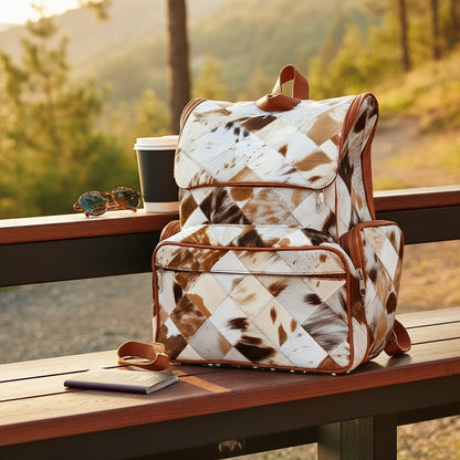 Handmade Cowhide Patchwork Backpack | Western Diaper Backpack Unique Bag