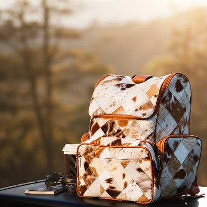 Handmade Cowhide Patchwork Backpack | Western Diaper Backpack Unique Bag