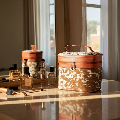 Luxury Cowhide Travel Vanity Case – Stylish Makeup & Brush Organizer for Women