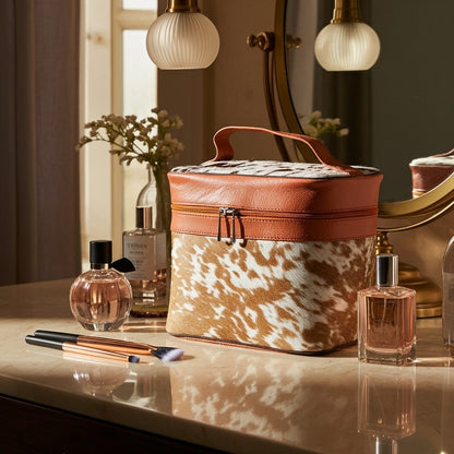 Luxury Cowhide Travel Vanity Case – Stylish Makeup & Brush Organizer for Women